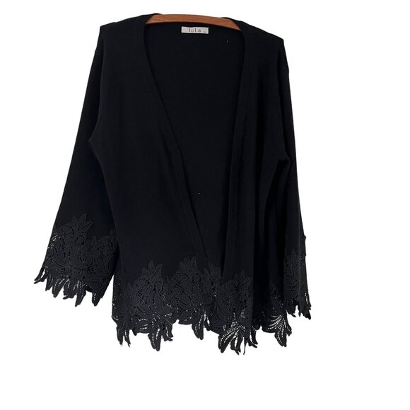 Lola Womens Black Floral Embroidered Lace Viscose Soft Open Cardigan Sweater M/L - Picture 1 of 6